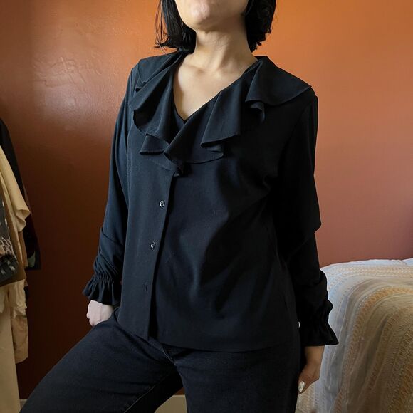 Vintage black ruffle v neck long sleeve blouse Medium - Picture 5 of 9